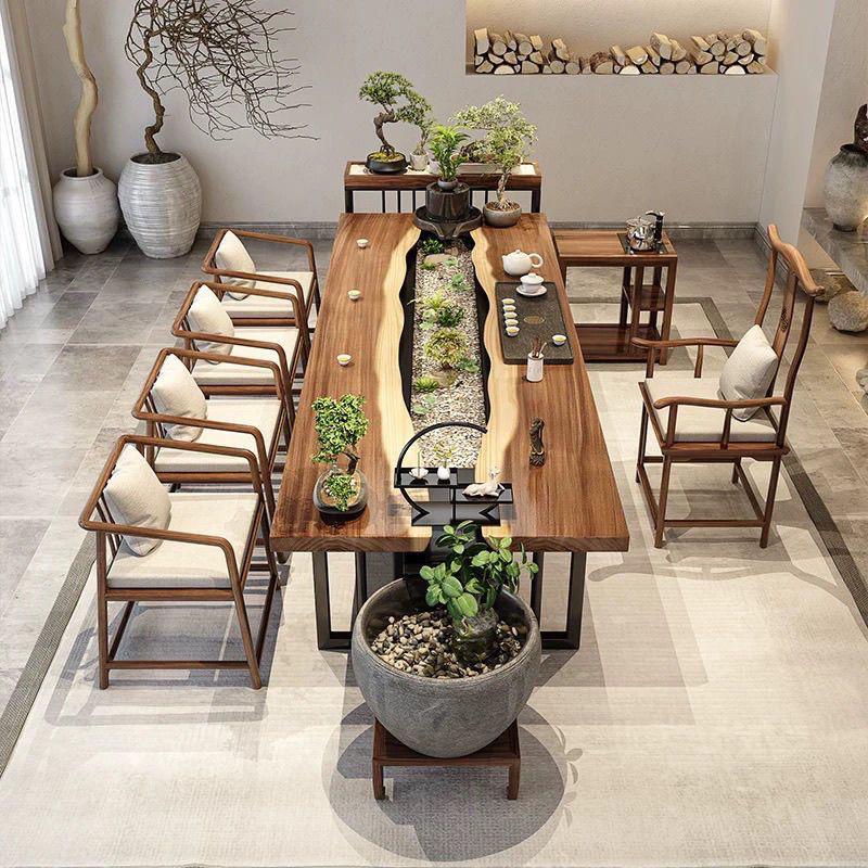 设计师原木流水茶桌椅组合实木大板桌养鱼景观一体功夫茶几泡茶桌