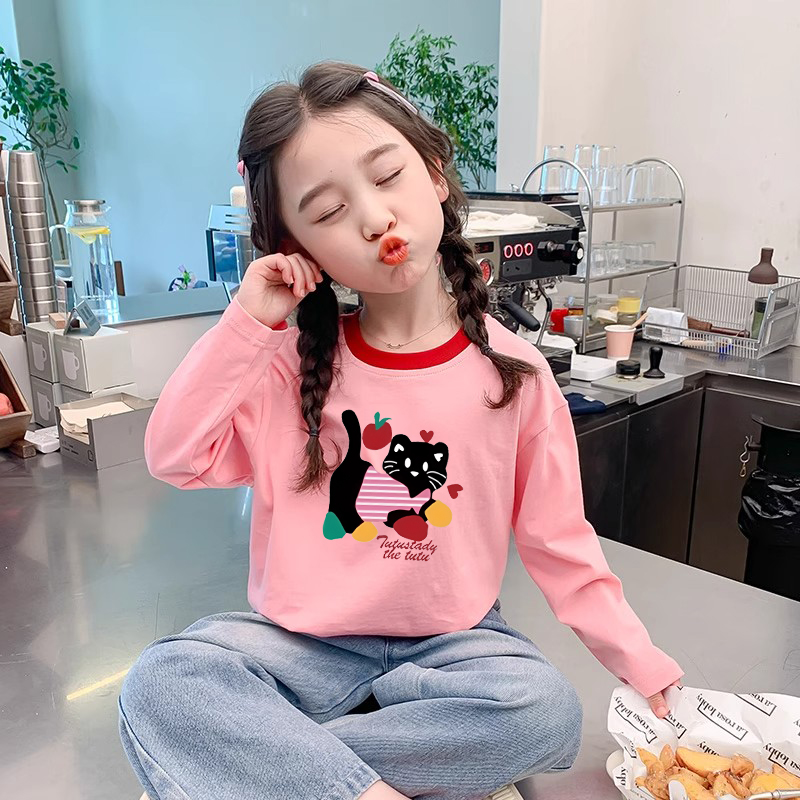 100%纯棉女童长袖t恤秋季儿童拼色打底衫卡通印花女宝甜美上衣服