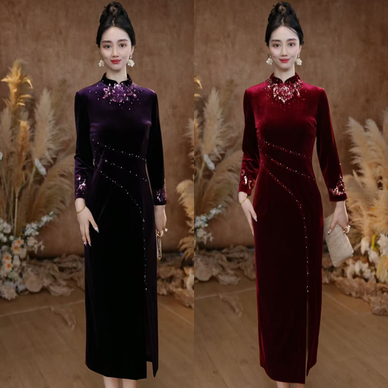 新中式改良旗袍宴会长袖婚礼喜婆婆妈妈生日洋气中长款复古旗袍