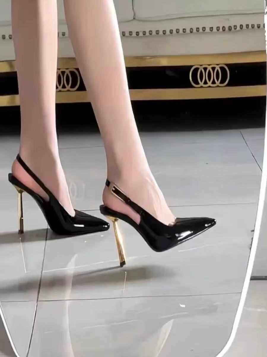 娜扎同款高跟鞋御姐性感黑色搭扣凉鞋女小金跟斩男细跟后空单鞋