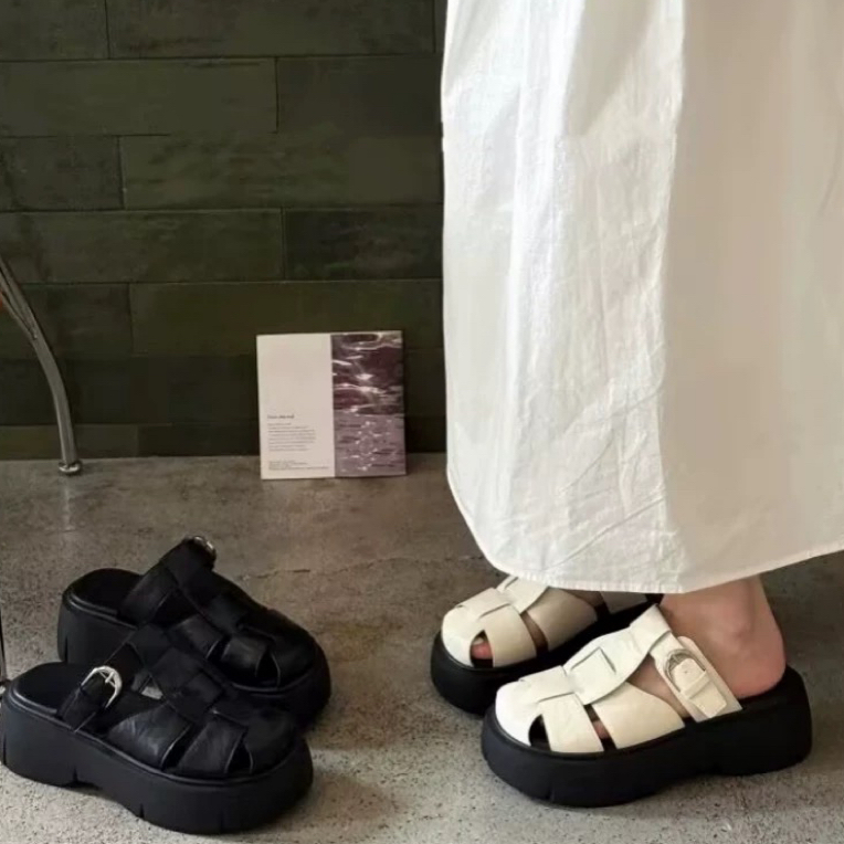 增高厚底拖鞋编织镂空外穿包头女2025新款百搭猪笼鞋圆头懒人半拖