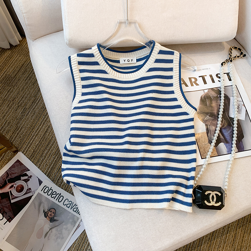 2025夏季新款时尚洋气设计感背心条纹无袖T恤修身显瘦针织衫上衣
