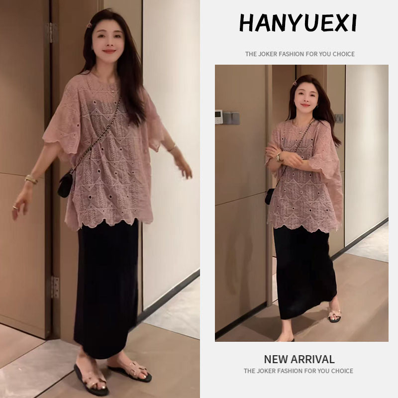 【现货】流行穿搭一整套2025新款镂空设计短袖罩衫显瘦半身裙两件套