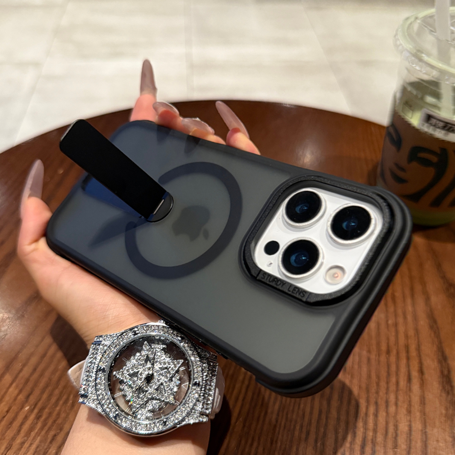 爵士黑四角气囊防摔360旋转支架适用苹果16pro手机壳磁吸数码配件