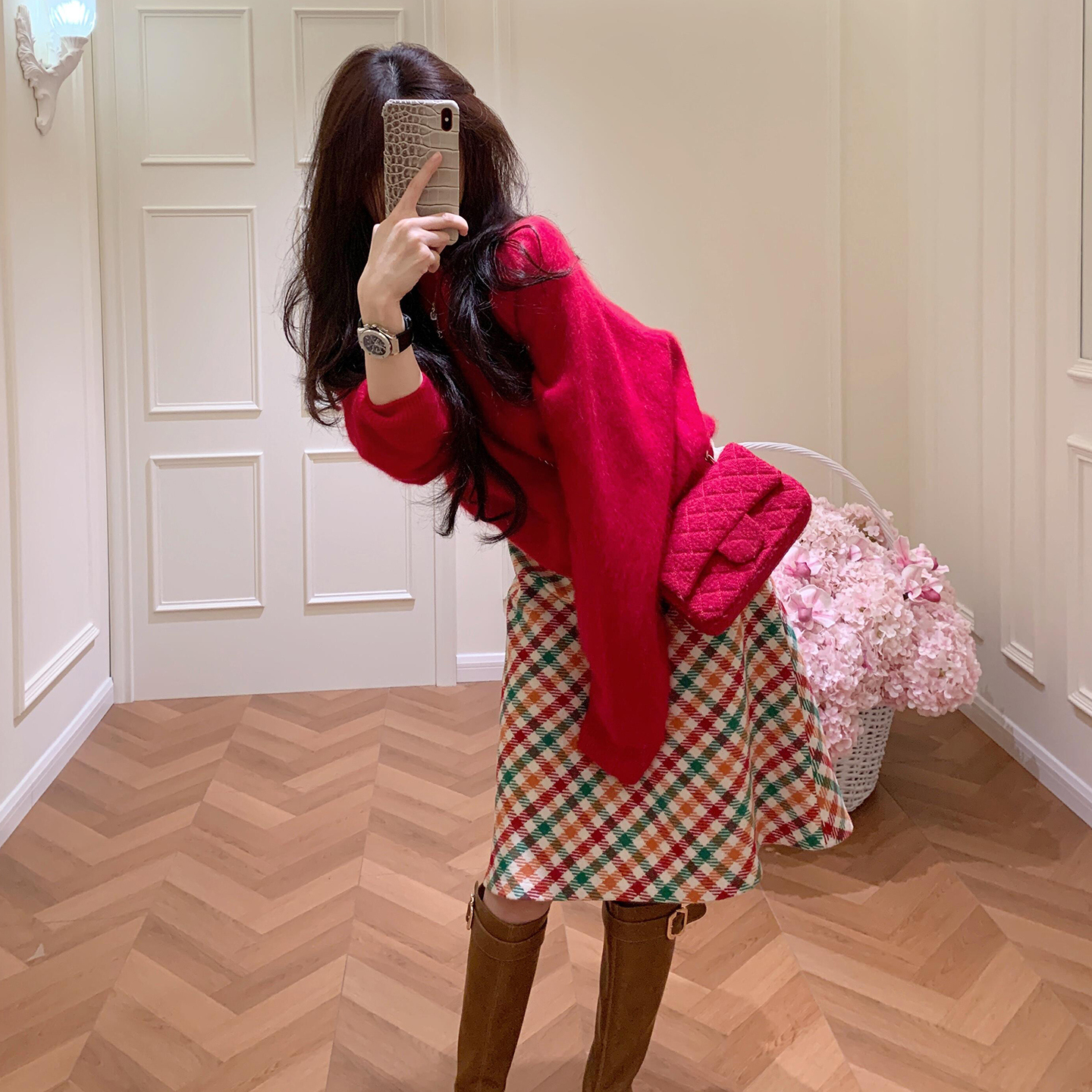 气质红色毛衣针织连衣裙子女秋冬季2025新款韩系圣诞穿搭一整套装