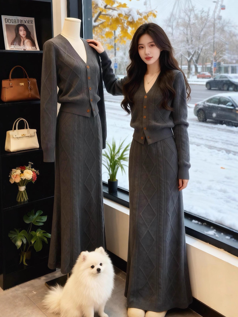 轻熟风针织衫开衫麻花裙套装女秋冬季洋气内搭上衣长裙休闲两件套