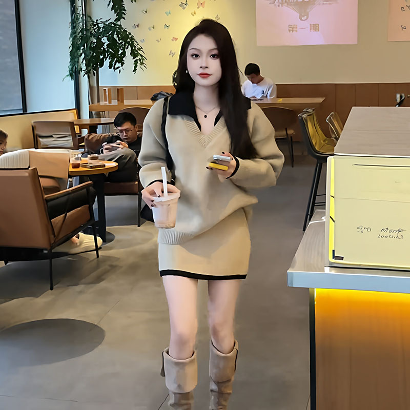 大码慵懒风假两件针织上衣短裙两件套女秋冬新款胖mm韩系毛衣套装