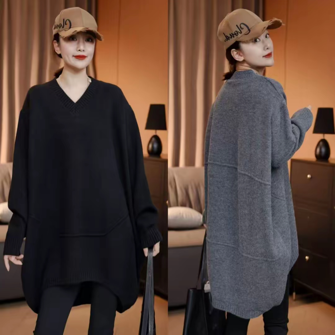 灰色v领毛衣女士秋冬慵懒高级感宽松中长款遮屁股内搭针织衫上衣