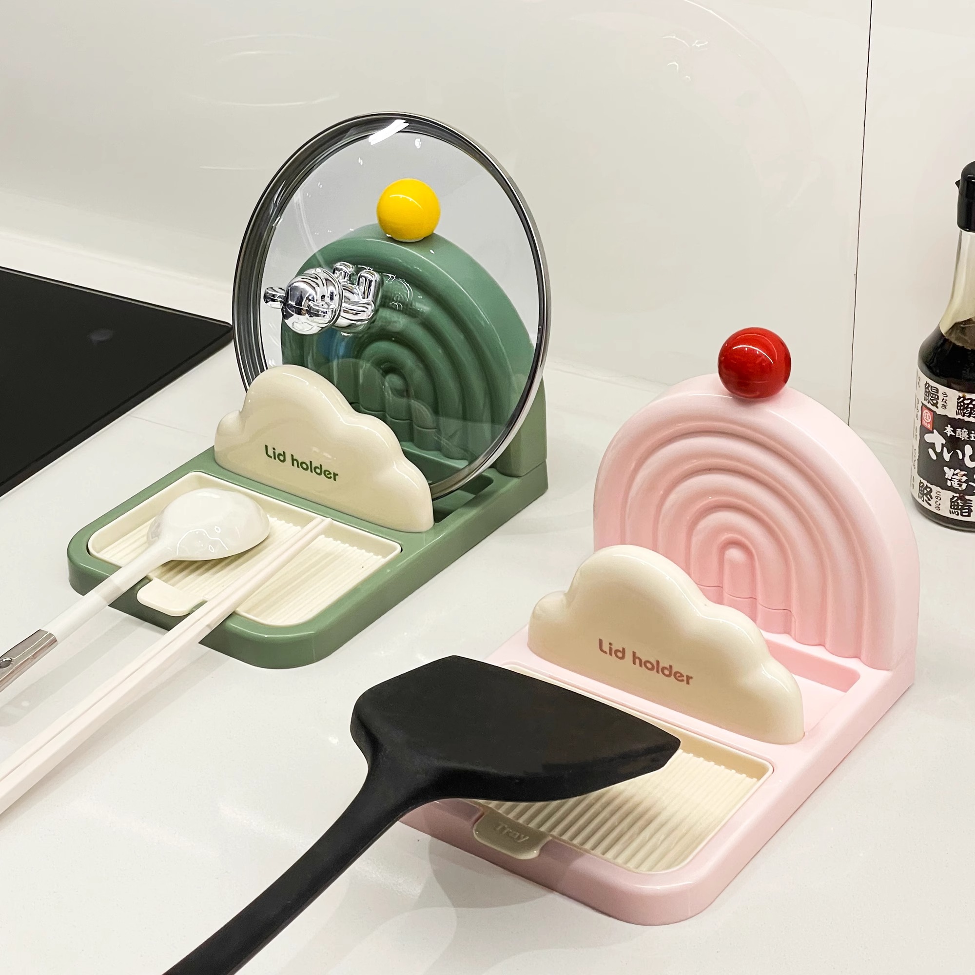 彩虹真空吸盘锅盖架多功能锅盖架台面锅盖菜板收纳锅铲筷子置物架