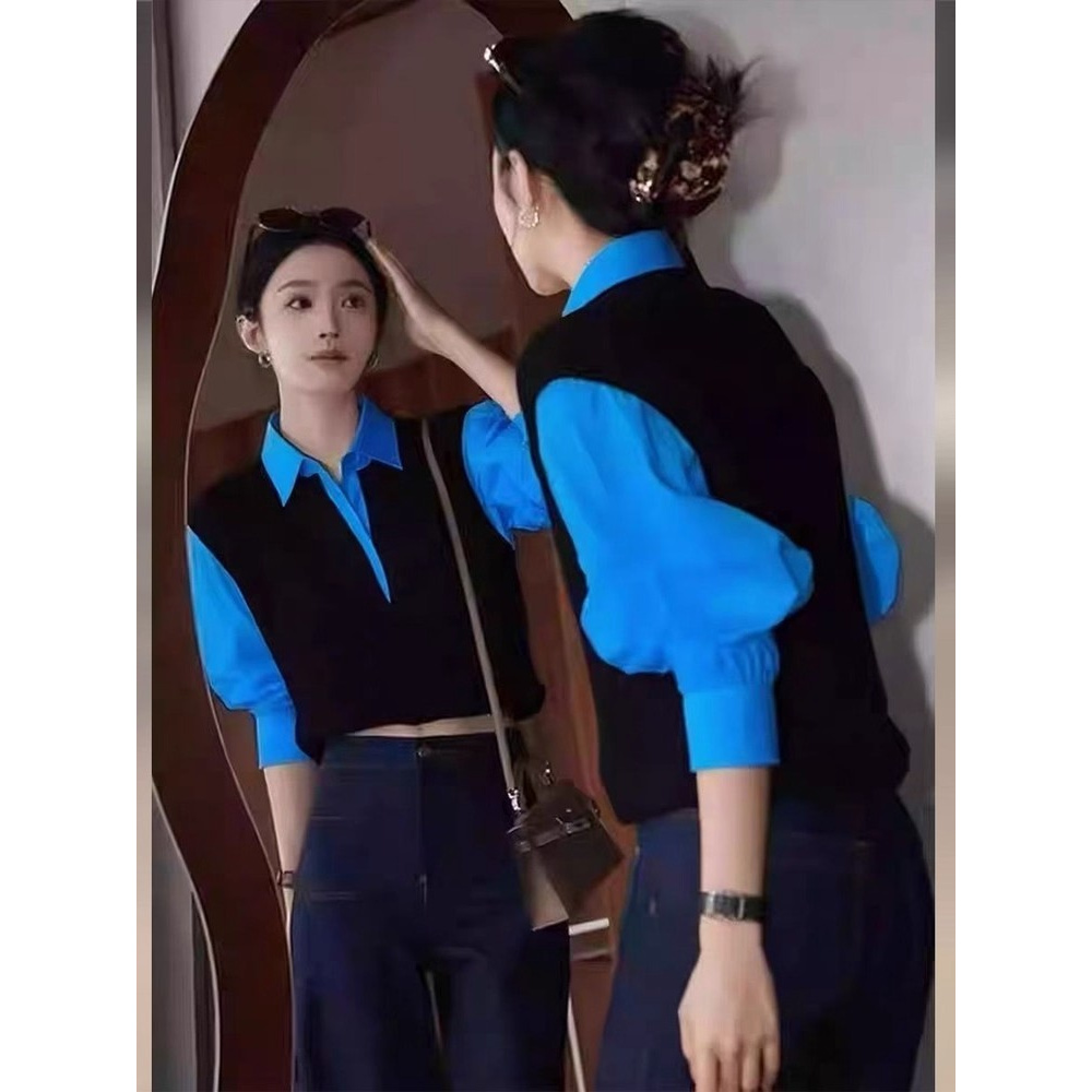 学院风撞色拼接假两件衬衫长袖新款秋季高级感修身显瘦百搭