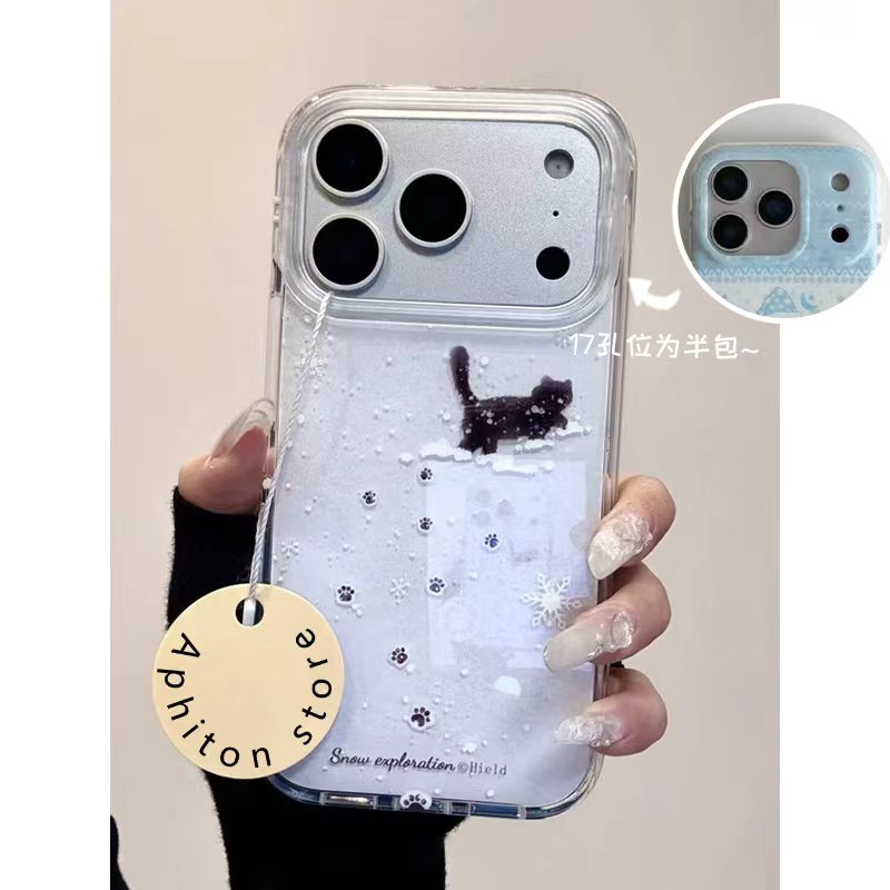 GGBond雪地小黑猫适用iPhone17/16大孔手机壳华为vivo小米oppo套