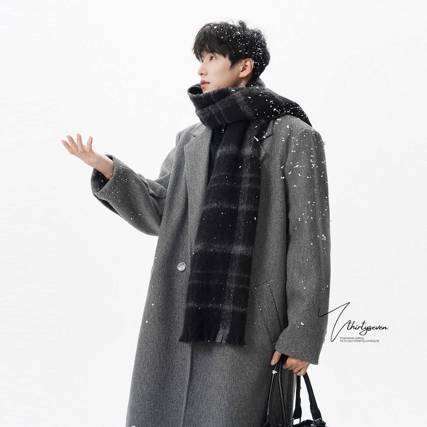 V37韩版潮流宽松高级感灰色毛呢大衣男秋冬季新款加厚中长款外套