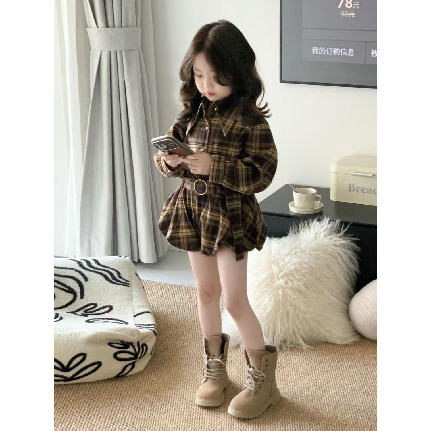 巴拉巴拉男孩女孩韩版女童2025秋季新款复古美拉德格纹翻领长袖衬