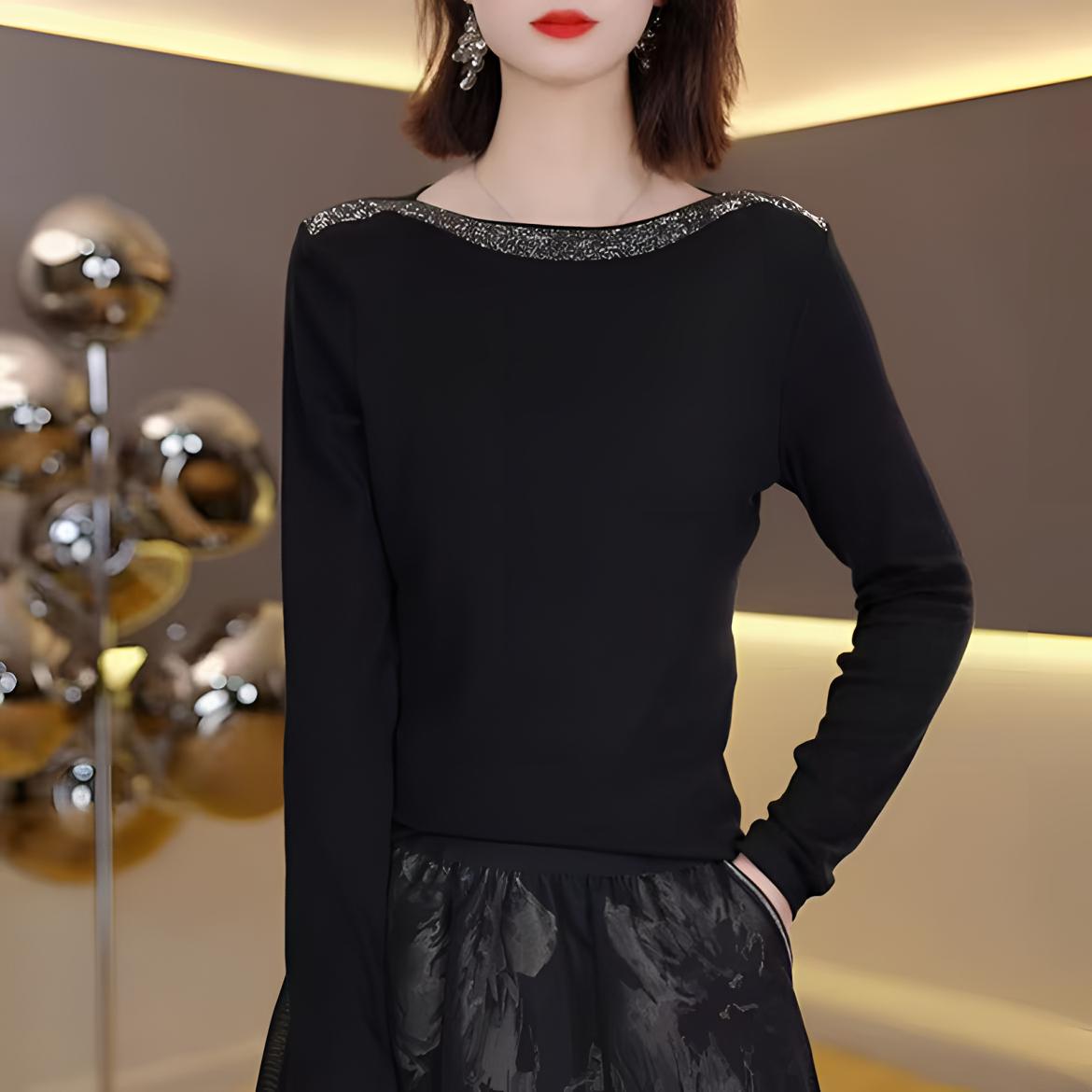 2025早秋新款重工奥钻长袖T恤女气质显瘦打底上衣 7005