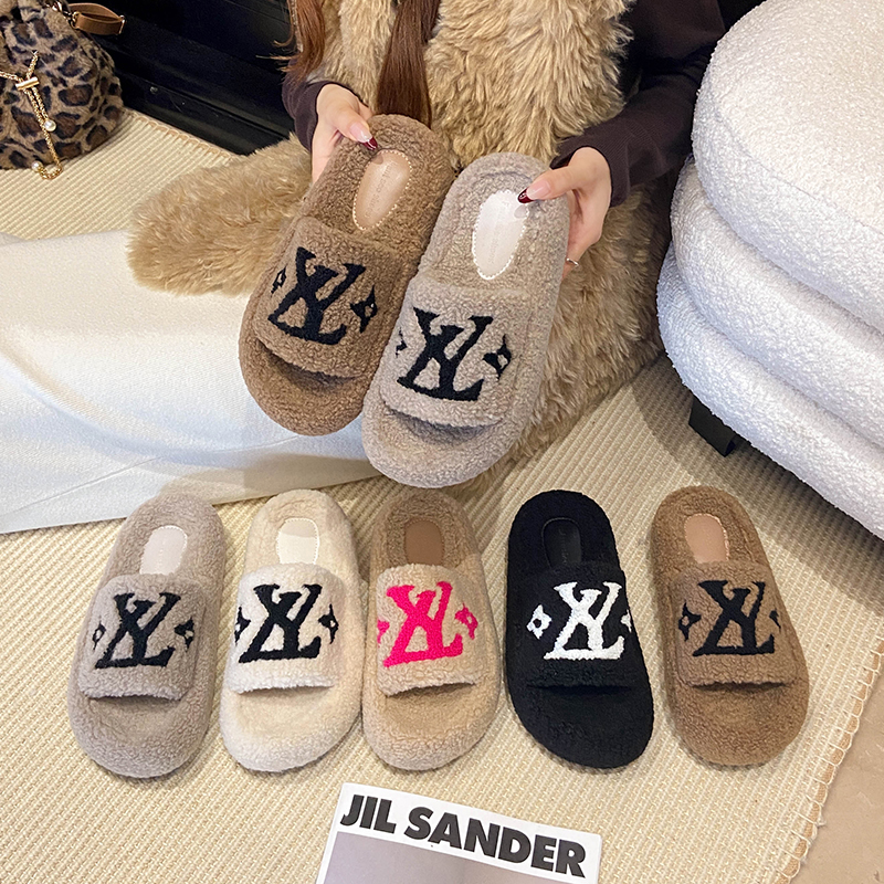 2025秋冬新款刺绣外穿时尚字母百搭高级感爆款女厚底一字毛毛拖鞋