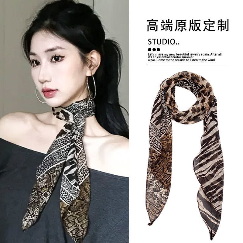 美式复古豹纹丝巾玫瑰花丝巾百搭装饰薄款早秋围巾时尚氛围感领巾