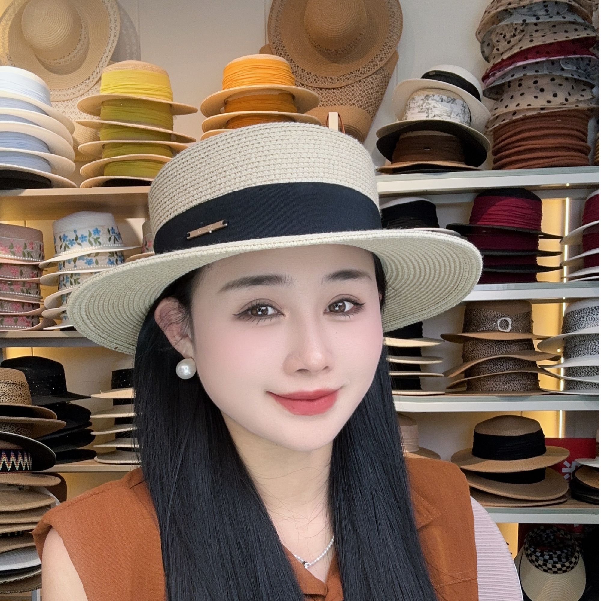 【小金标】平顶帽子女夏度假海边巴拿马草帽平沿法式草编遮阳防晒帽