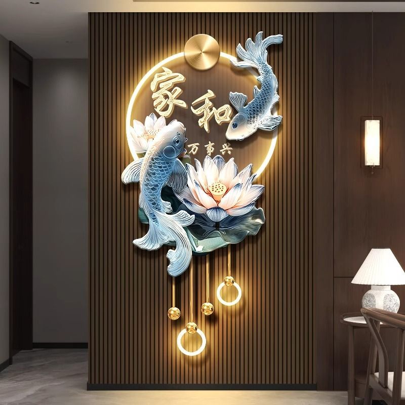 家和万事兴玄关装饰画新中式锦鲤荷花入户挂画珐琅彩走廊带灯壁画