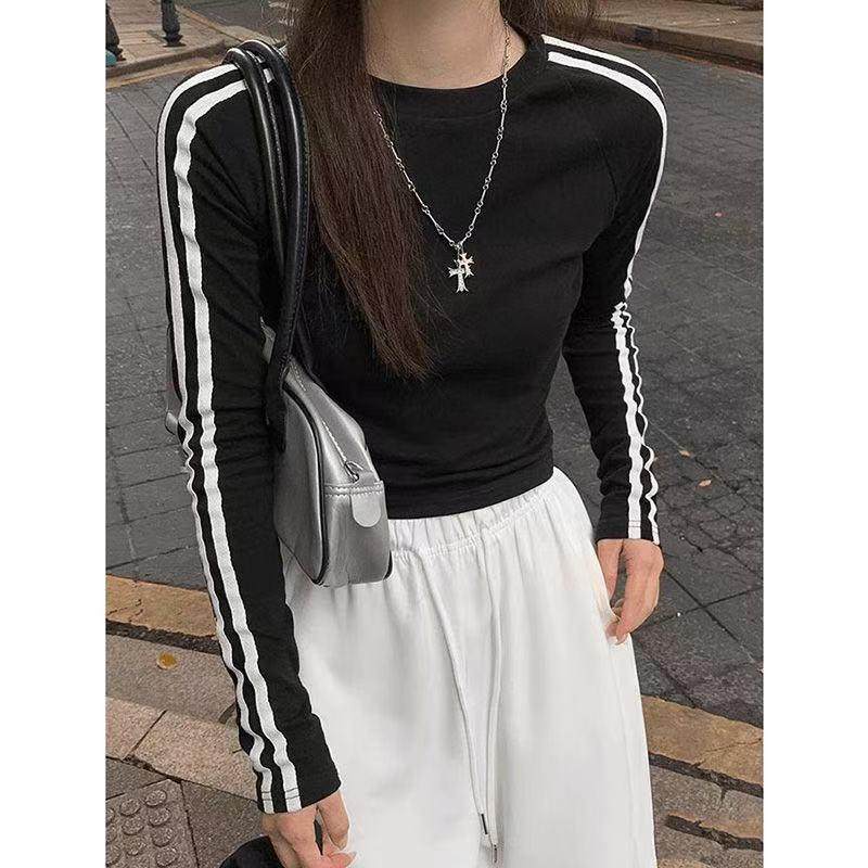 【现货+运险】三杠辣妹圆领T恤长袖秋冬新款早秋修身打底显瘦上衣