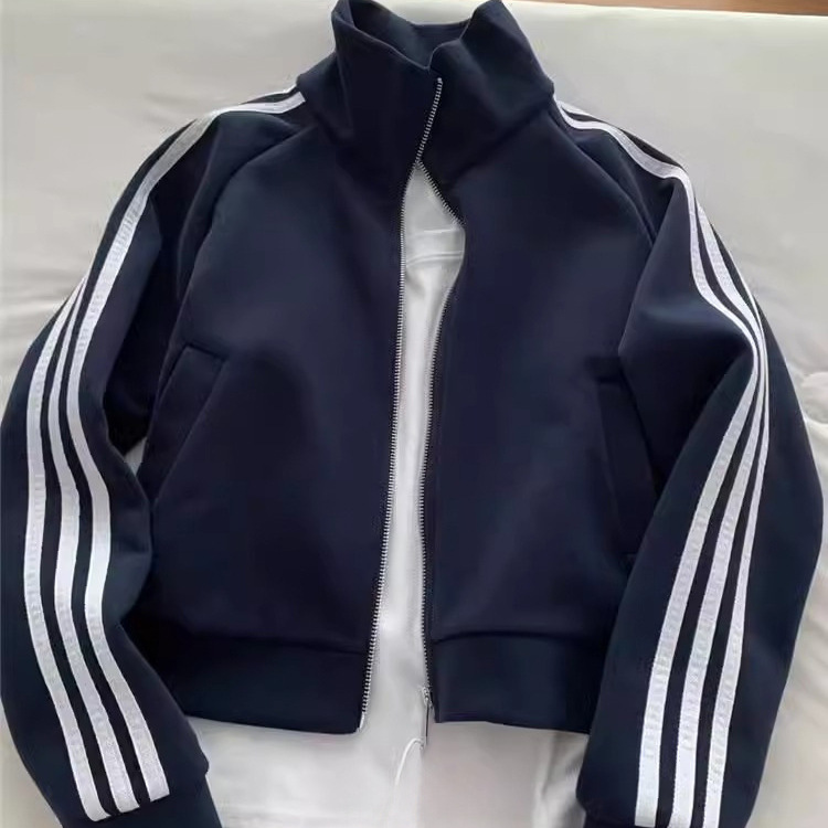 辣酷立领条纹拉链长袖棒球服秋冬2024新款宽松短款气质夹克外套女