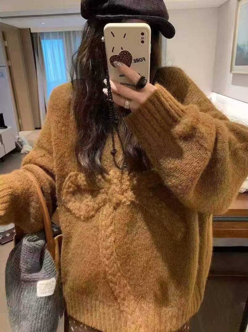 蝴蝶结毛衣女针织衫秋冬宽松慵懒圆领套头加厚上衣