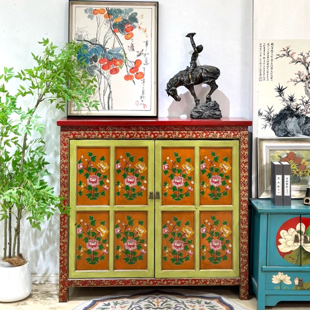 实木储物柜双开门彩绘西藏柜多层分类玄关柜手绘边柜中式餐边柜