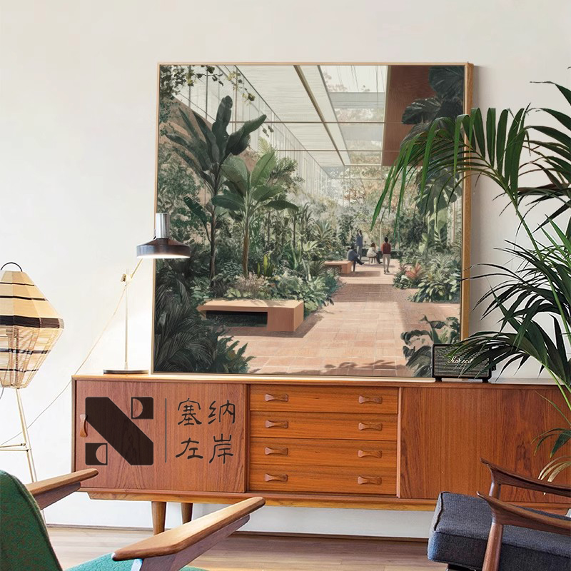 中古风客厅沙发背景墙装饰画玄关柜上挂画高级感复古餐厅风景壁画