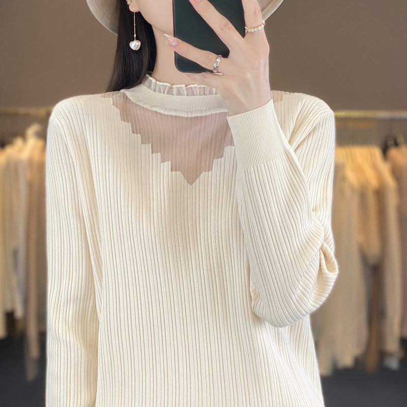 黑色蕾丝打底衫女春秋2025新款内搭木耳边上衣高藏青米白针织毛衣