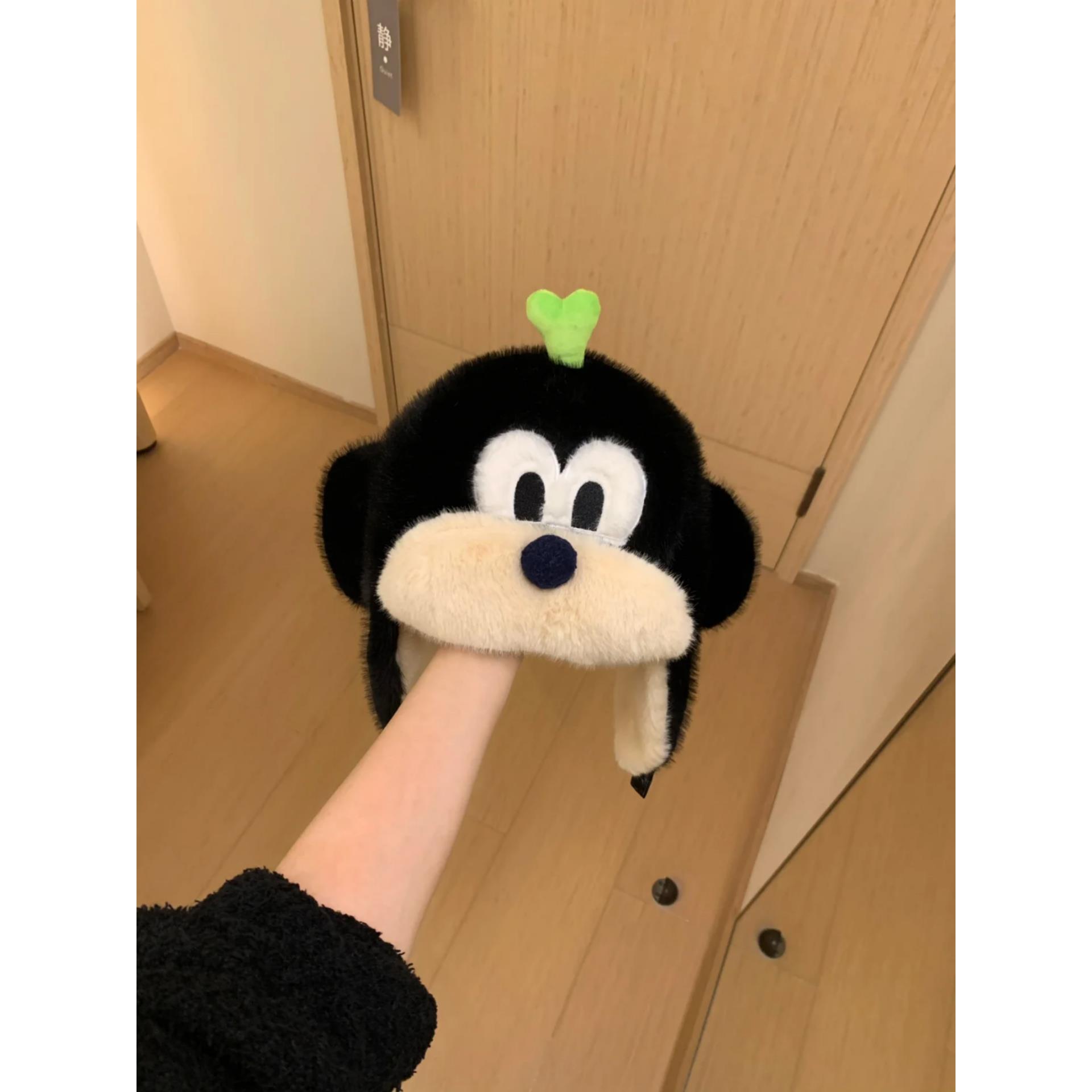 新款雷锋帽一帽两戴高飞布鲁托黑白可爱小狗毛绒保暖护耳帽子学生