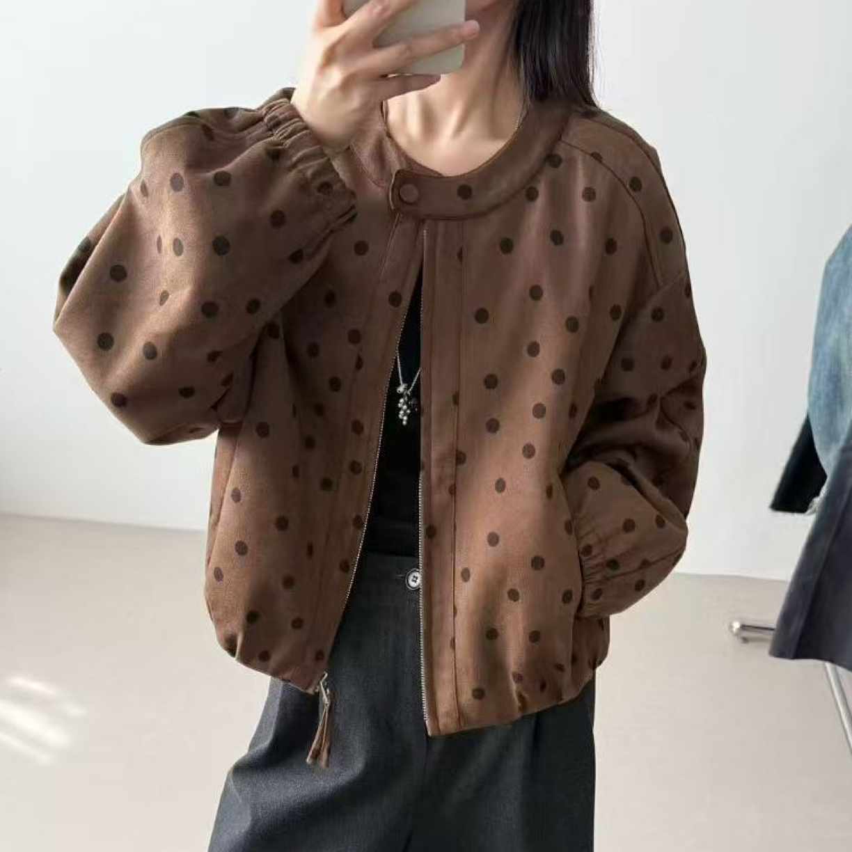 【韩衣舍】圆领波点拉链长袖秋季女短外套春秋洋气减龄上衣百搭
