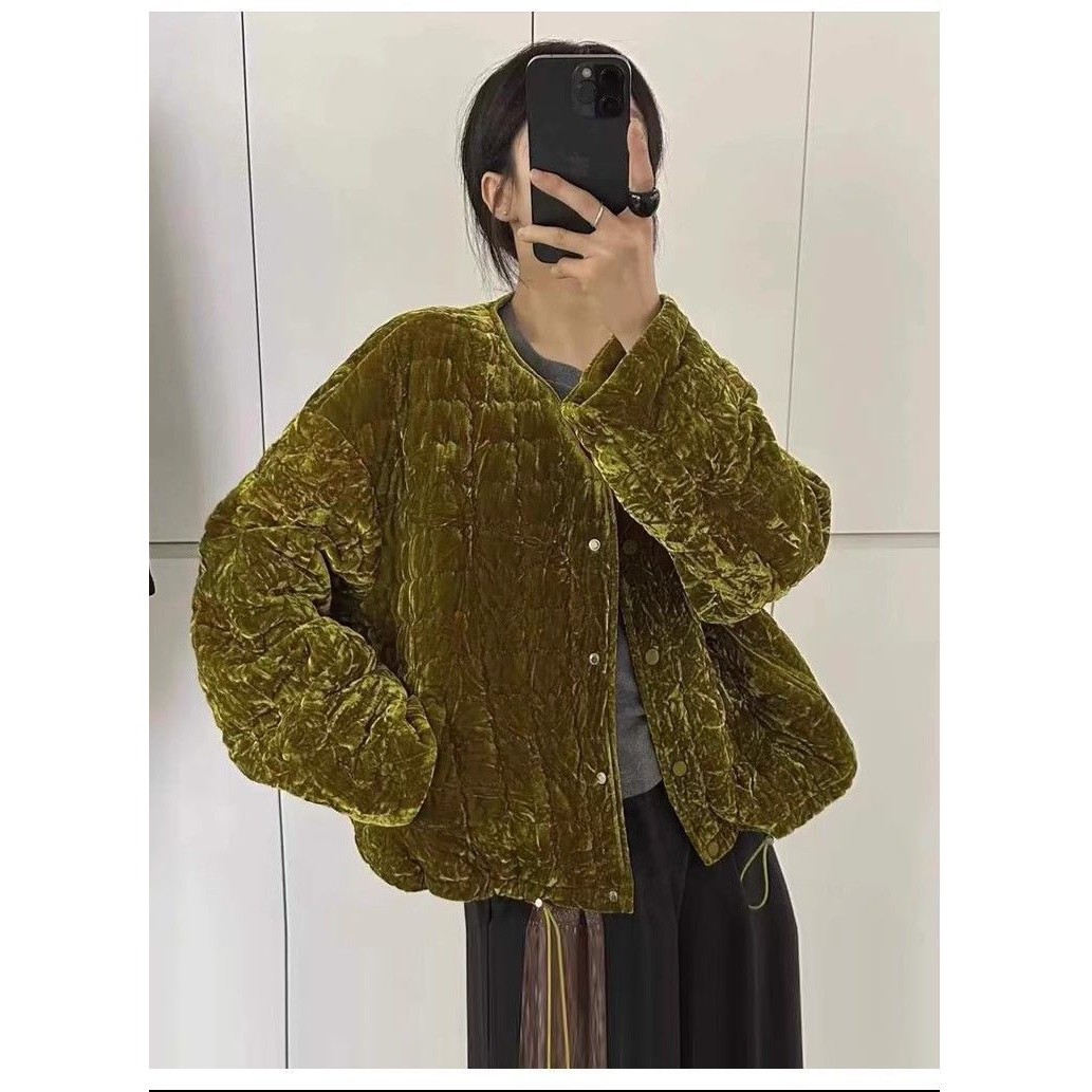 2025秋冬新款韩版宽松显瘦百搭圆领菱形格聚酯纤维服女常规款夹聚