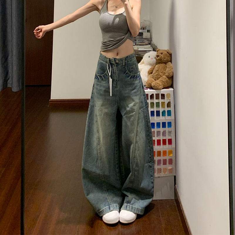 美式高个子复古梨形身材牛仔裤女秋季新款高腰宽松弯刀拖地阔腿裤