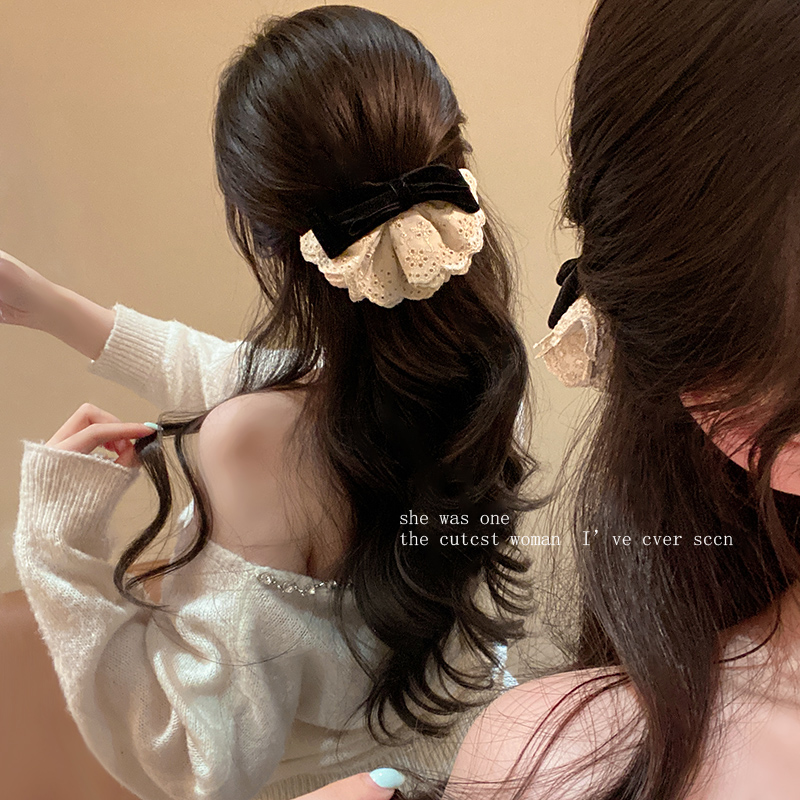 韩系丝绒蝴蝶结蕾丝边弹簧夹秋冬马尾发夹后脑勺半扎发夹子头饰女