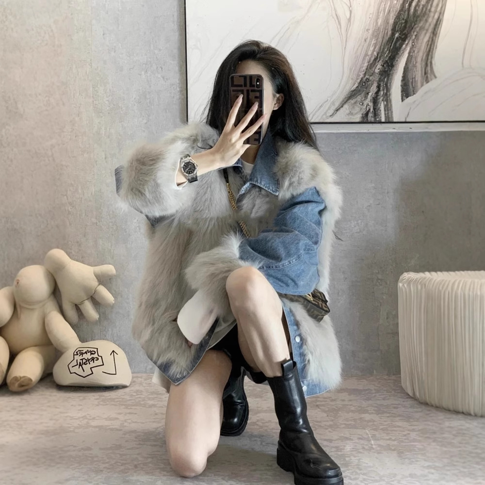 仿狐狸毛牛仔拼接皮草外套女年秋冬季新款气质时尚派克服夹克其他