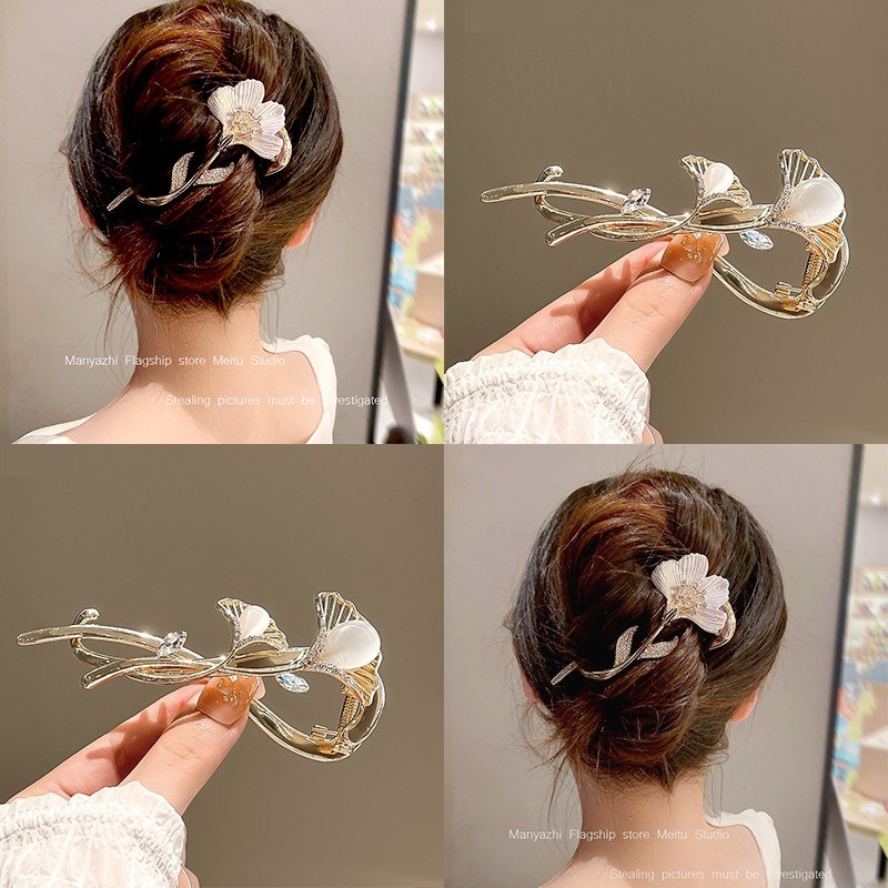 银杏叶扭扭夹！高级感气质水钻女后脑勺盘发一字夹青蛙扣发夹发夹