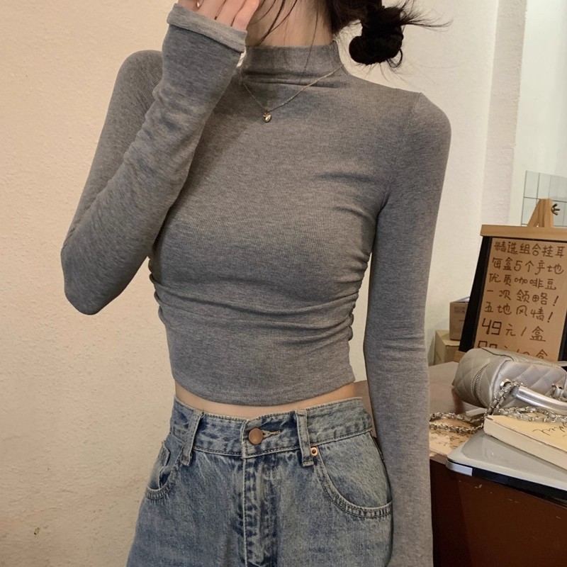 辣妹半高领长袖t恤女小个子2025春季新款韩版修身褶皱打底衫女ins