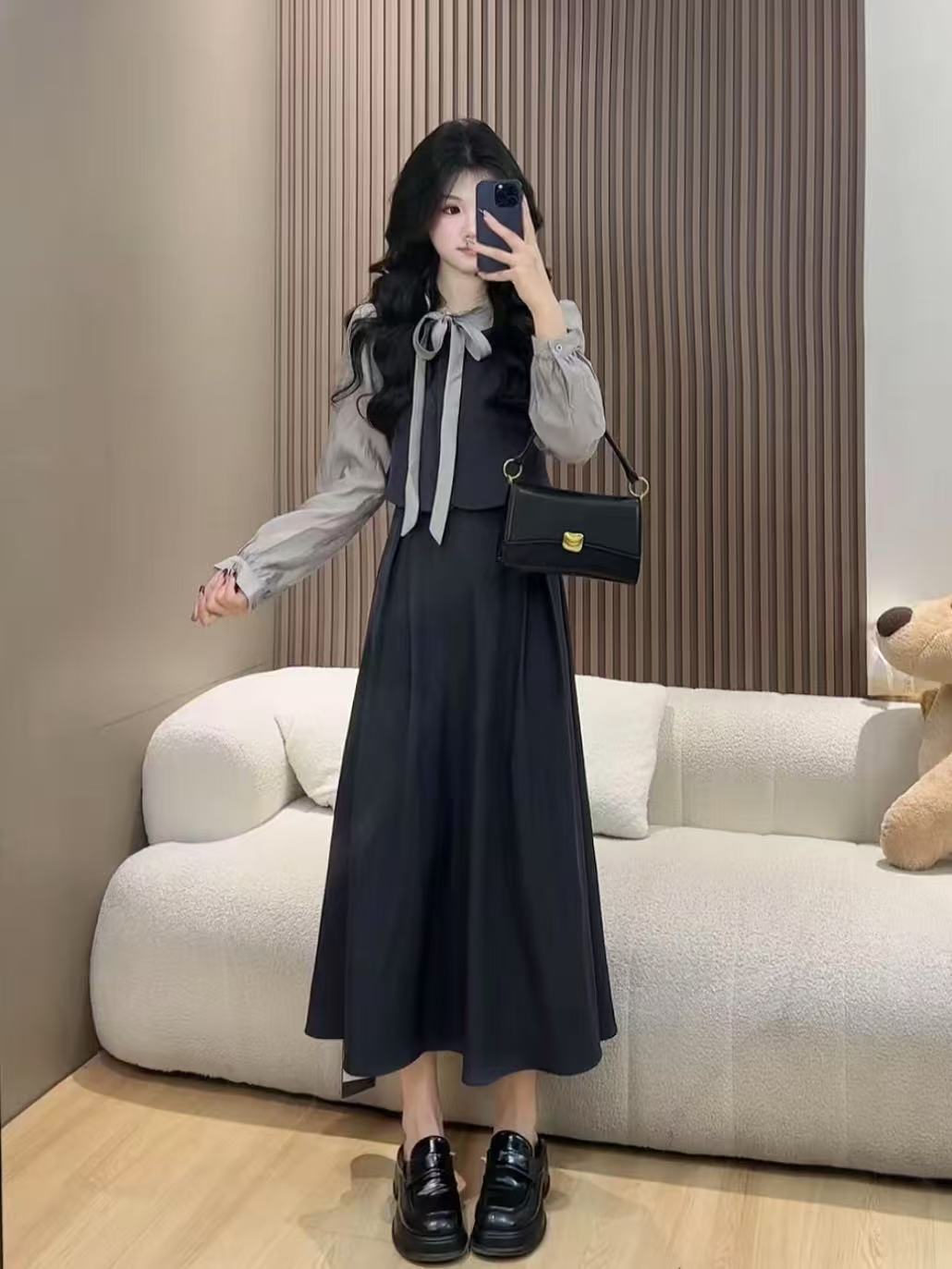 法式学院风假两件连衣裙2025早秋新款高级感穿搭衬衫长裙AM25957