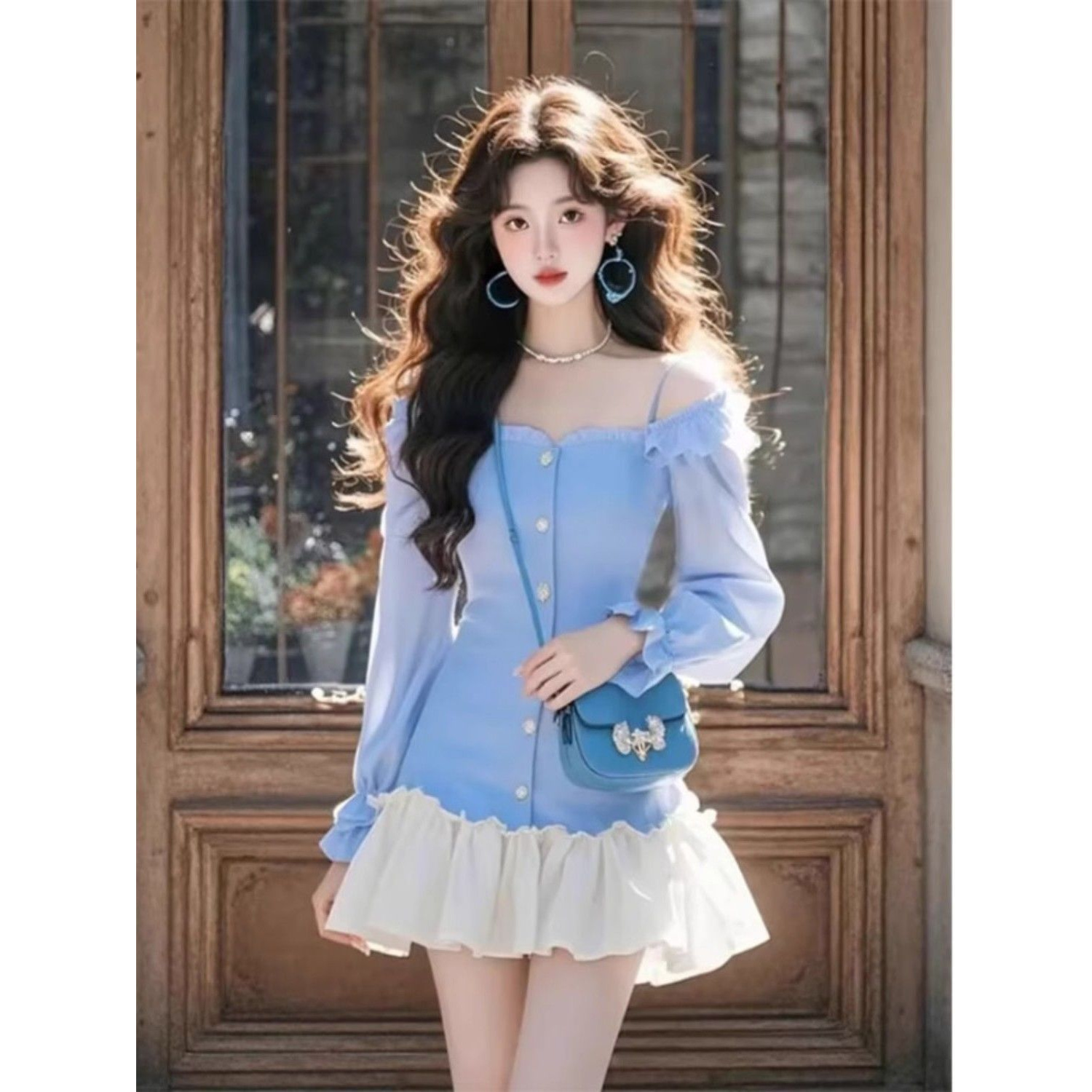 富家千金高级感蓝色连衣裙女2025春季新款收腰显瘦漂亮绝美短裙子