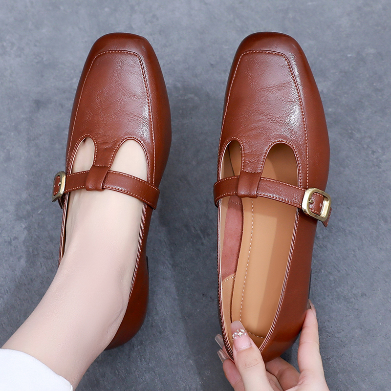 真皮粗跟玛丽珍女鞋2025春秋复古软底妈妈鞋一脚蹬单鞋方头小皮鞋
