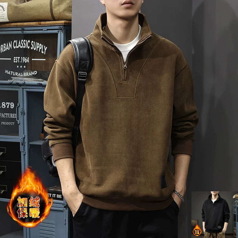秋冬新款男士一体加绒半拉链立领卫衣时尚酷帅潮牌休闲秋冬外套