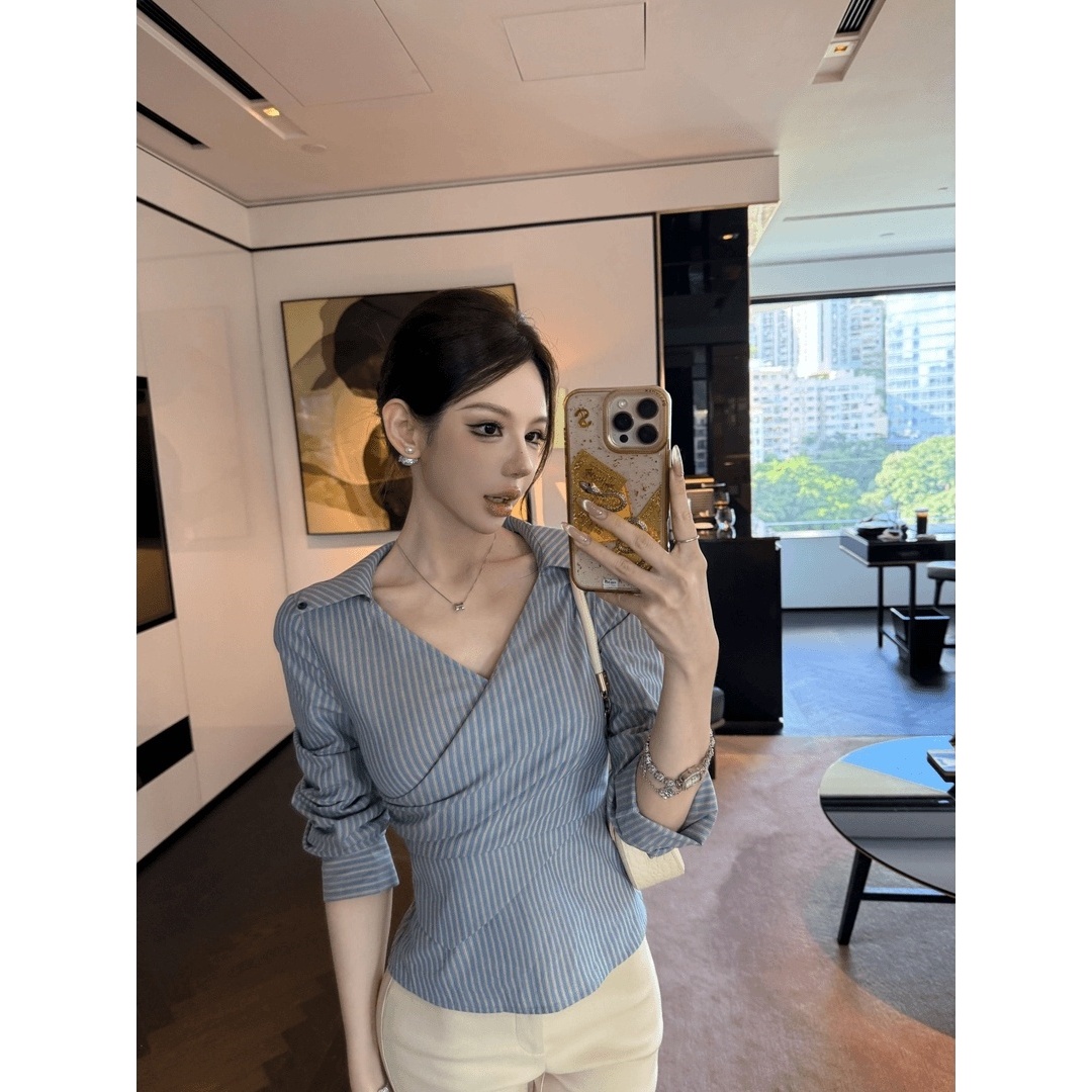 【巴黎新贵】设计感时尚撞色条纹修身衬衫上衣22923#