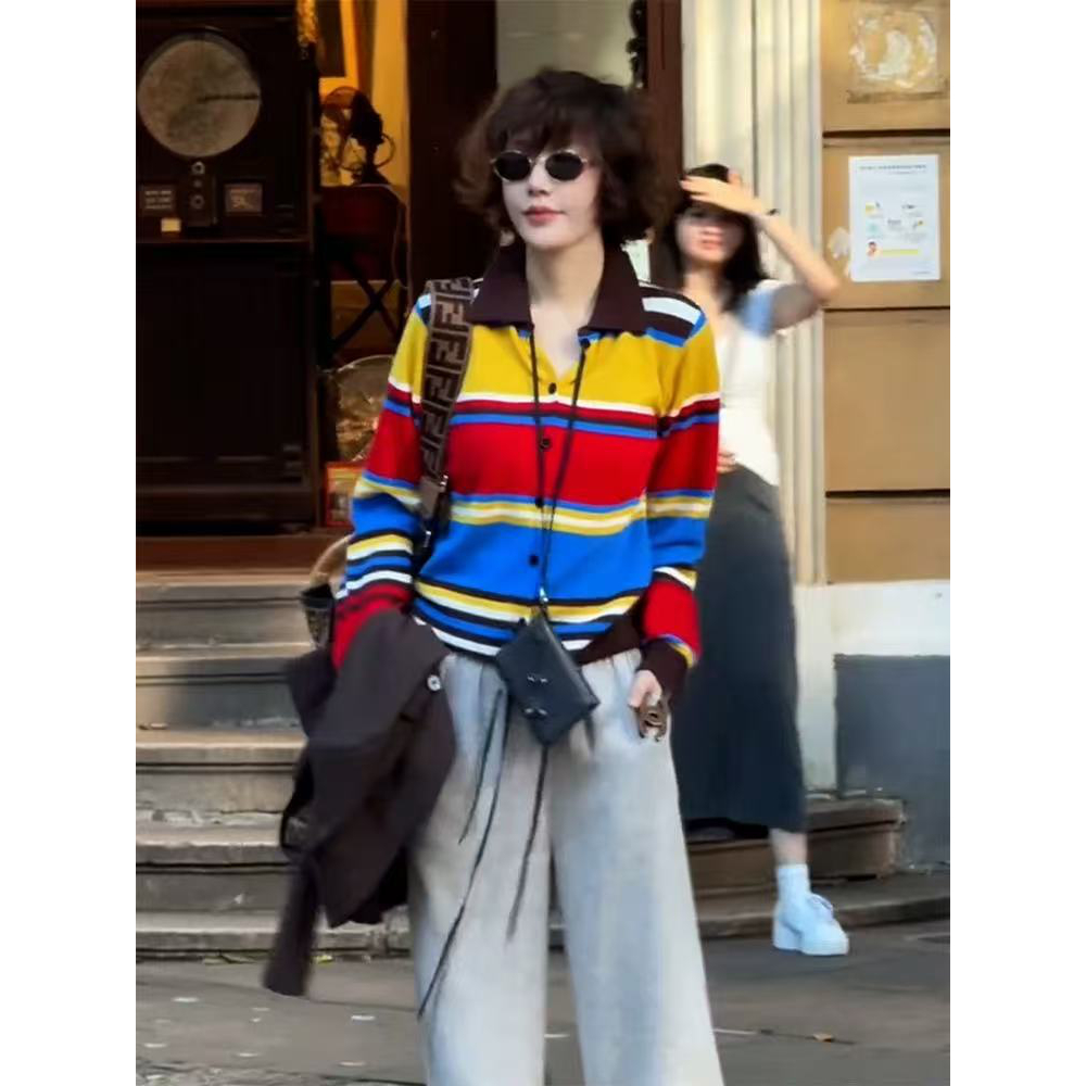2025早秋拼色针织衫奶fufu慵懒风松弛高级感超好看毛衣外搭上衣女