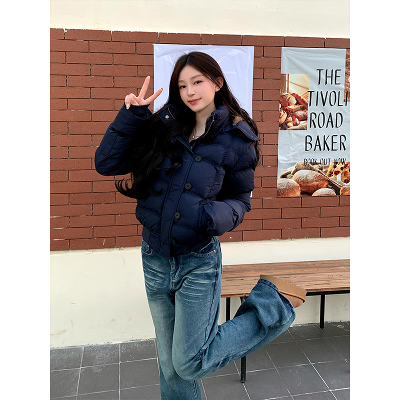 藏青色复古大毛领连帽棉服外套女2025秋冬季新款加厚保暖棉衣棉袄