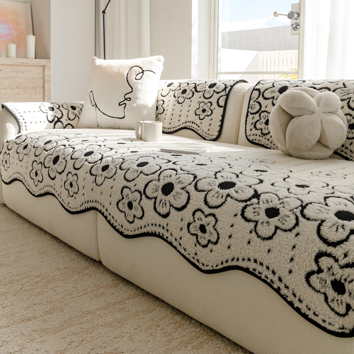 花落毛绒皮沙发垫四季通用2025新款直排防滑防猫抓盖布秋冬套罩