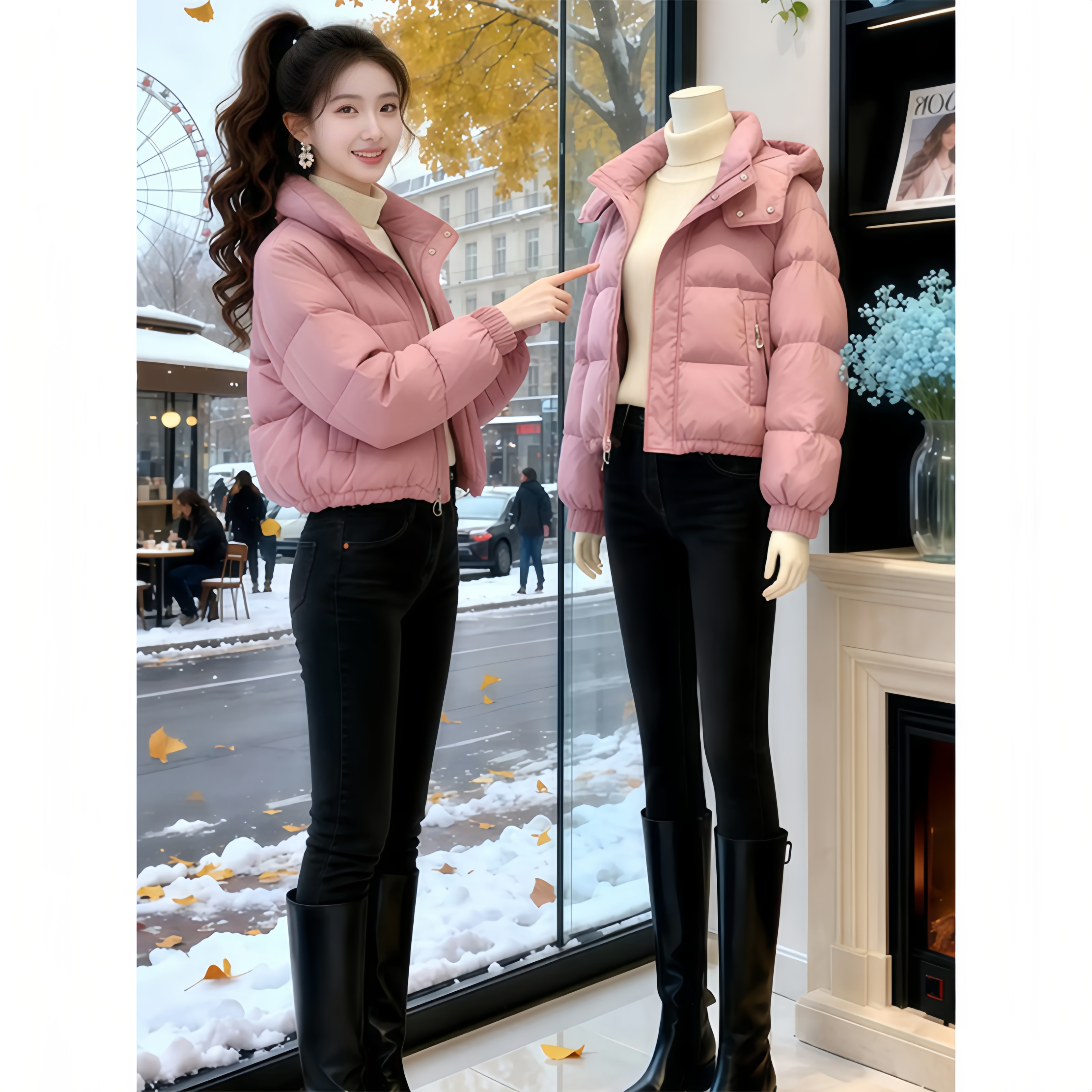 霖优拍照必备衣服短款小个子连帽棉服女冬宽松连帽面包服加厚外套