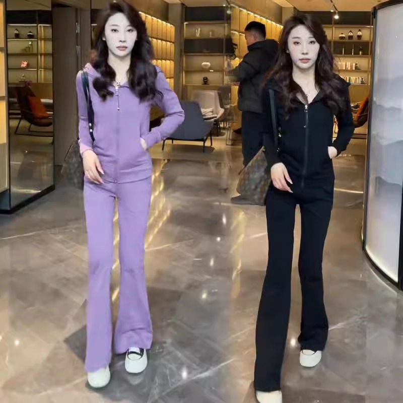 时尚休闲套装女士2025春季新款洋气减龄连帽开衫外套微喇裤两件套