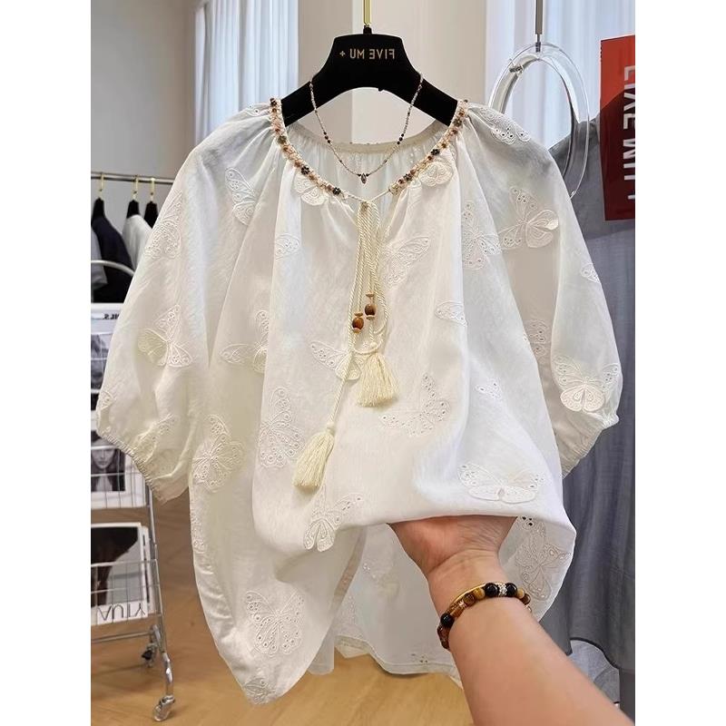 300斤加大码夏季重工刺绣蝴蝶短袖娃娃衫小衫衬衫男小众设计上