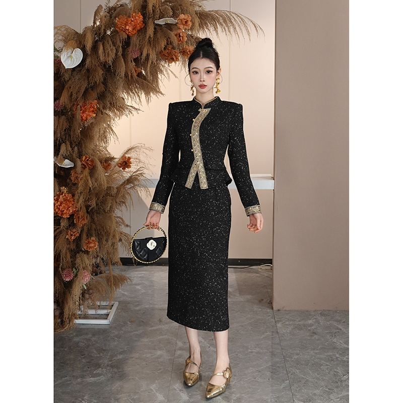 周子仪黑色小香风连衣裙女2025年新款气质时尚百搭假两件裙子