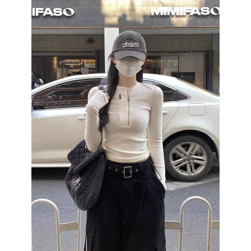 早秋白色半拉链正肩长袖t恤女设计感修身打底衫韩系休闲内搭上衣