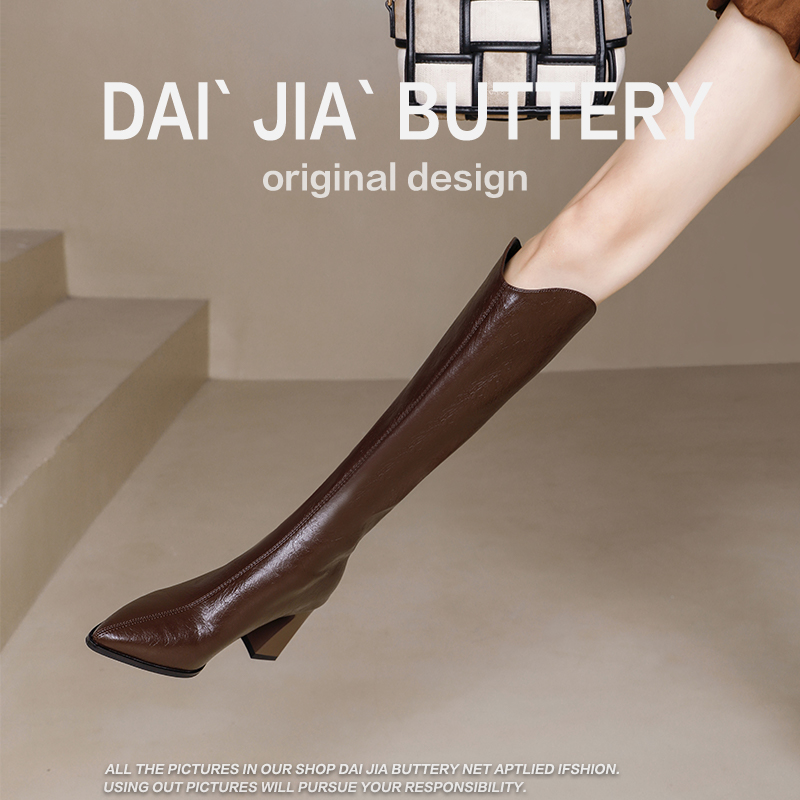 【佩佩专属】粗跟2025年秋冬新款百搭尖头高筒靴尖头时装骑士黑长靴